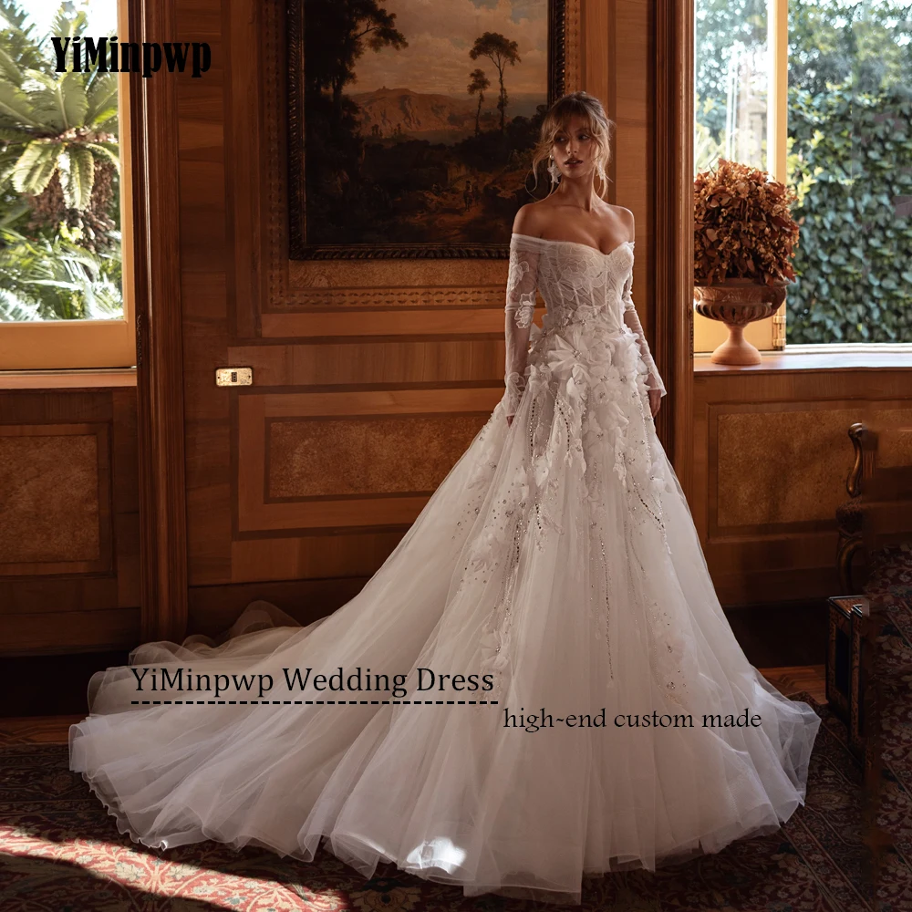 Vestido de novia de lujo con flores brillantes en 3D, vestidos de novia de playa con espalda descubierta y cuentas de manga larga para mujer, apliques de encaje, corte en A personalizado