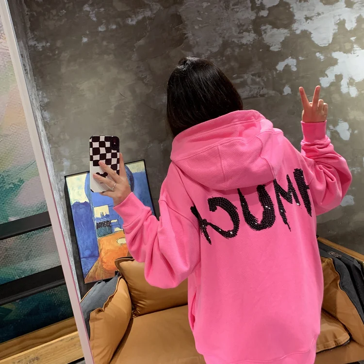 Luxury Sparkling Diamond Cute Age Reducing Women Hooded Pullover Top Pink Sweatshirt Oversize Mid-long Trendy Cotton Hoodies