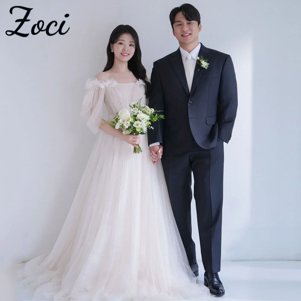 

Zoci Vintage Off Shoulder Korea Wedding Dress Customized Short Sleeve Evening Party Dress Photo Shoot Corset Draped Bridal Gown