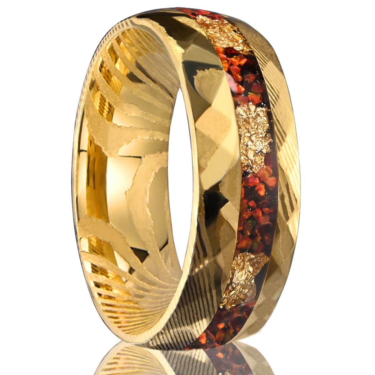 

8mm hammered 18k gold plated Damascus steel ring inlaid with red opal and gold foil, handcrafted high quality accessory.