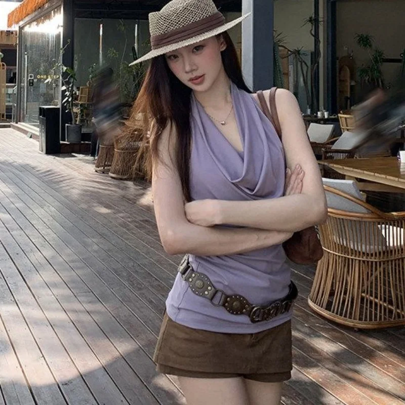 Women Halter Sleeveless Halter Neck Vest Women Summer Trendy Open Back Sexy Youthful Temperament Trendy Style Top