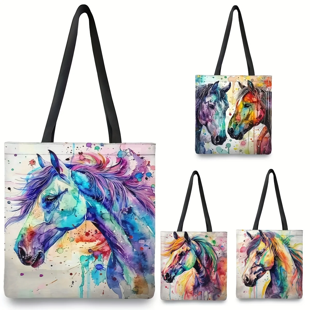 Einkaufstasche mit Aquarell-Pferdemuster, lässige Damenhandtasche für Arbeit, Schule, Einkaufen und Reisen, Camping-Umhängetasche