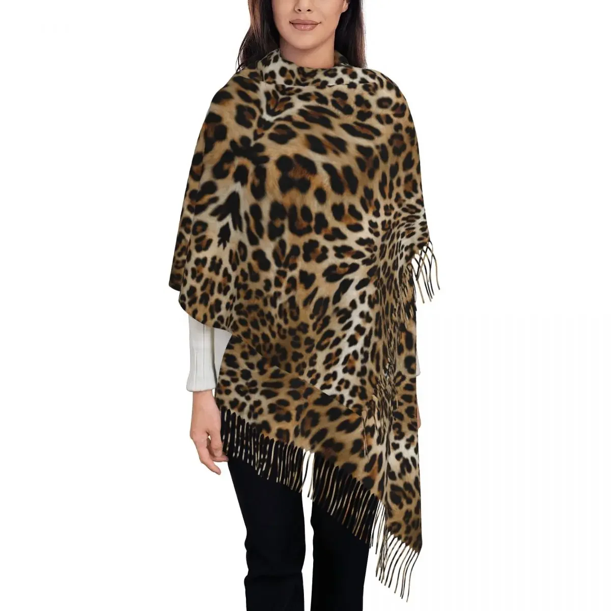 Womens Scarf with Tassel Leopard Pattern Large Winter Warm Shawl and Wrap Animal Fur Skin Texture Daily Wear Pashmina Scarves