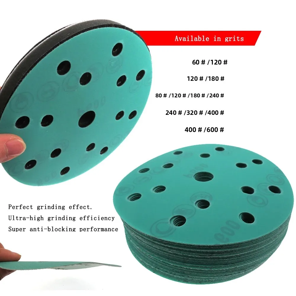 35Pcs 6 Inch 150mm 15 Holes Sandpaper 60 to 2000 Grits Hook and Loop Green Film Sanding Disc For Polishing and Grinding