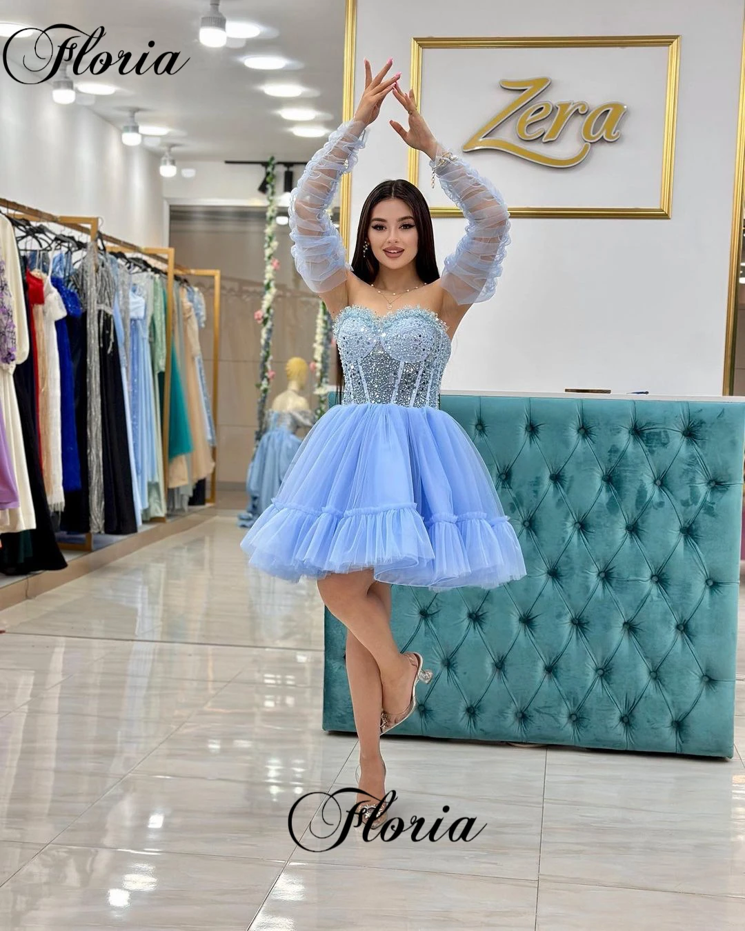 Sky Blue Mini Prom Dresses For Women Sweetheart Beaded Dance Performance Dresses Vestidos De Noche Homecoming Dresses For Teens