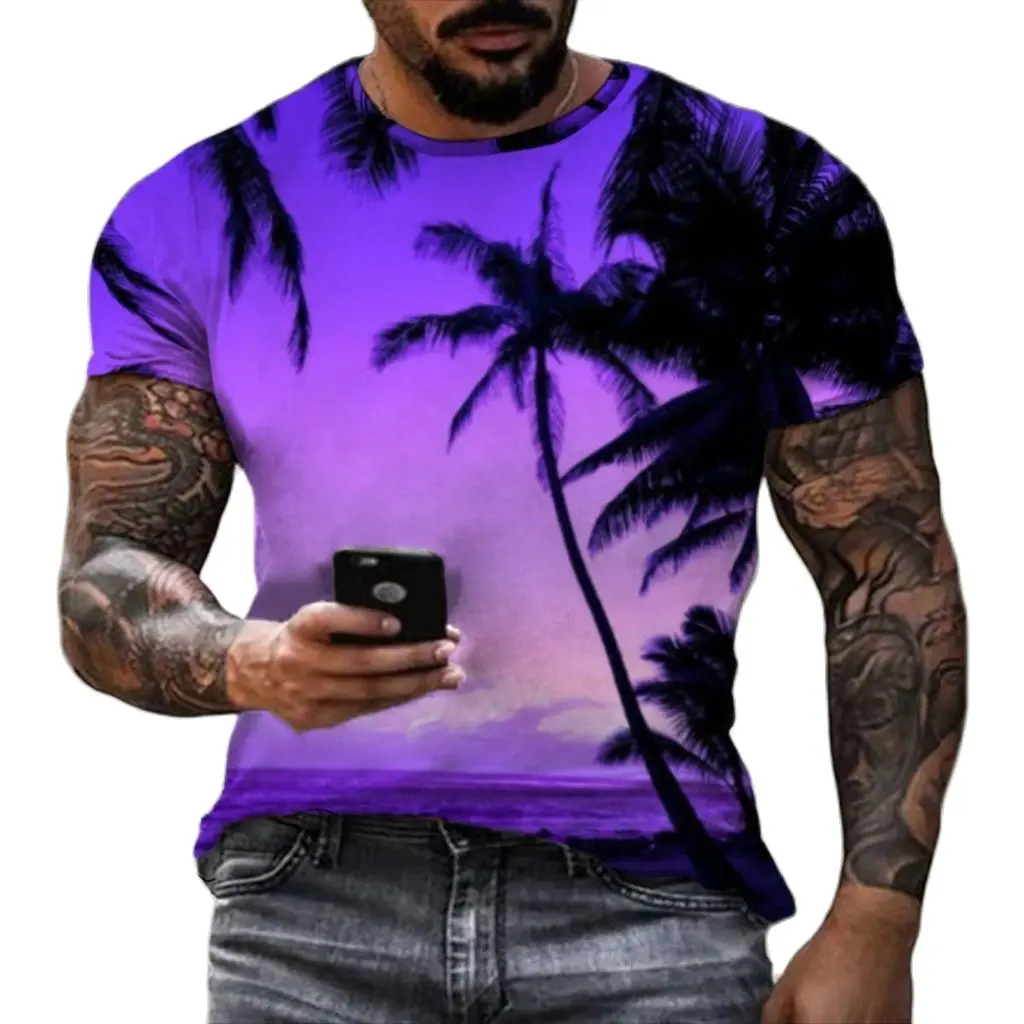 Personality Coconut Tree T-shirt Men\'s Fashion Hawaii HD 3D Digital Printed Tropical Crewneck Beach Casual Loose Comfortable Top