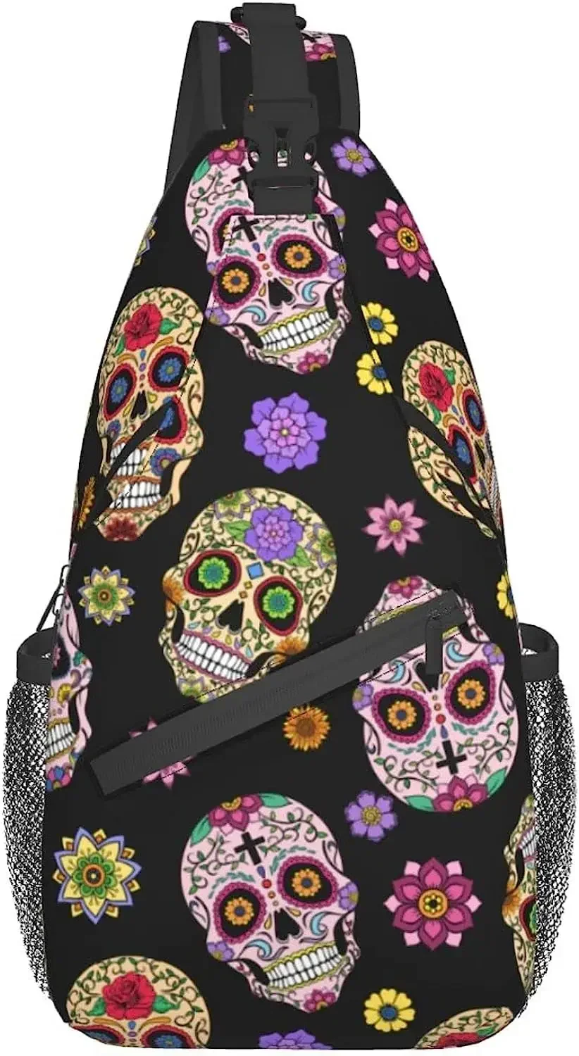 Sugar Skull Unisex Chest Bags Crossbody Sling Backpack Travel Hiking Daypack for Women Men Shoulder Bag for Casual Sport