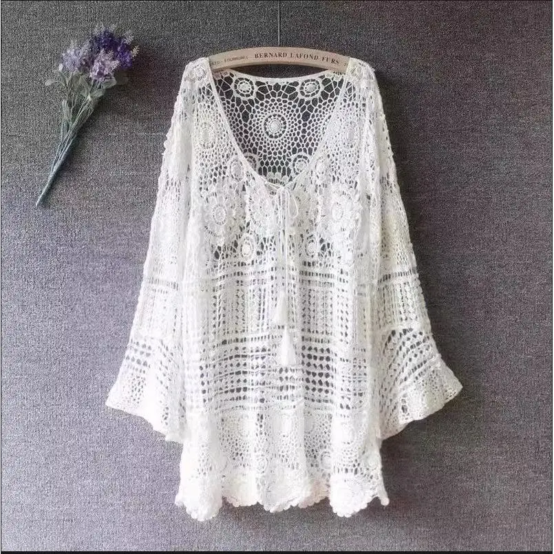 2024 Summer Retro Ethnic Style Fashion Mid Length Knitted Pullover Solid Color V-neck Lace Loose Lace Hollow Women\'s T-shirt Top