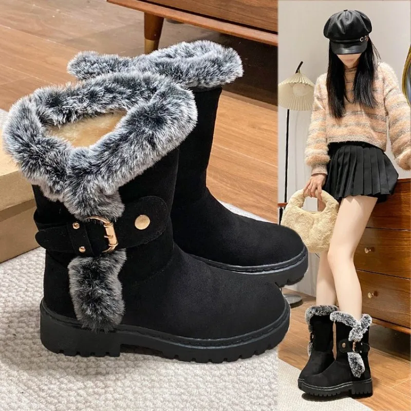 

Женские зимние ботинки 2024, роскошные уличные ботильоны без шнуровки с круглым носком, женские модные удобные теплые женские ботинки до середины икры