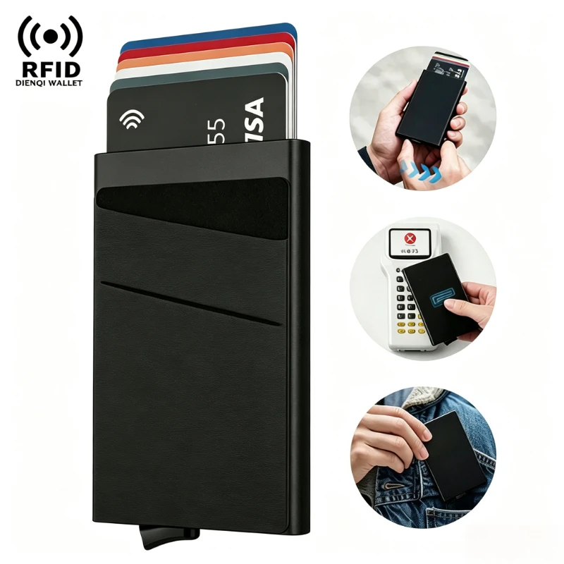 RFID Credit Card Holder for Men Slim Metal Credit Card Wallet with Leather Cover Anti-Theft Minimalist Pocket Card Case for Men