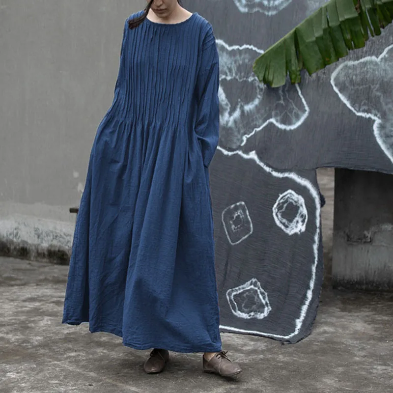 Literary Cotton And Linen Solid Color Organ Fold Long Sleeve Dress Ladies Elegant Fashion Loose Spring And Autumn Dress 2024