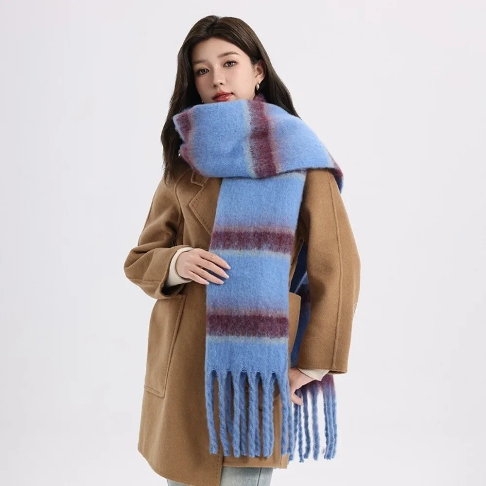 Retro Long Stripe Wool Scarf Colorful Thickened Tassel Shawl Plush Korean Style Warm Wraps Autumn