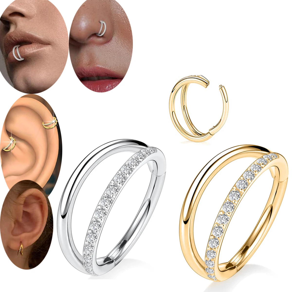 Zirkon Edelstein Doppel Hoop Nasenring Hoop Lippenring Augenbraue Helix Tragus Ohrstecker Knorpel Tragus Helix Ohrringe Piercing Geschenke