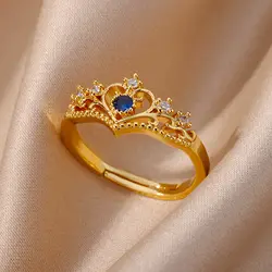 Blue Zircon Crown Rings For Women Stainless Steel Gold Color Adjustable Crown Ring 2023 Trend Design Female Wedding Jewerly Gift