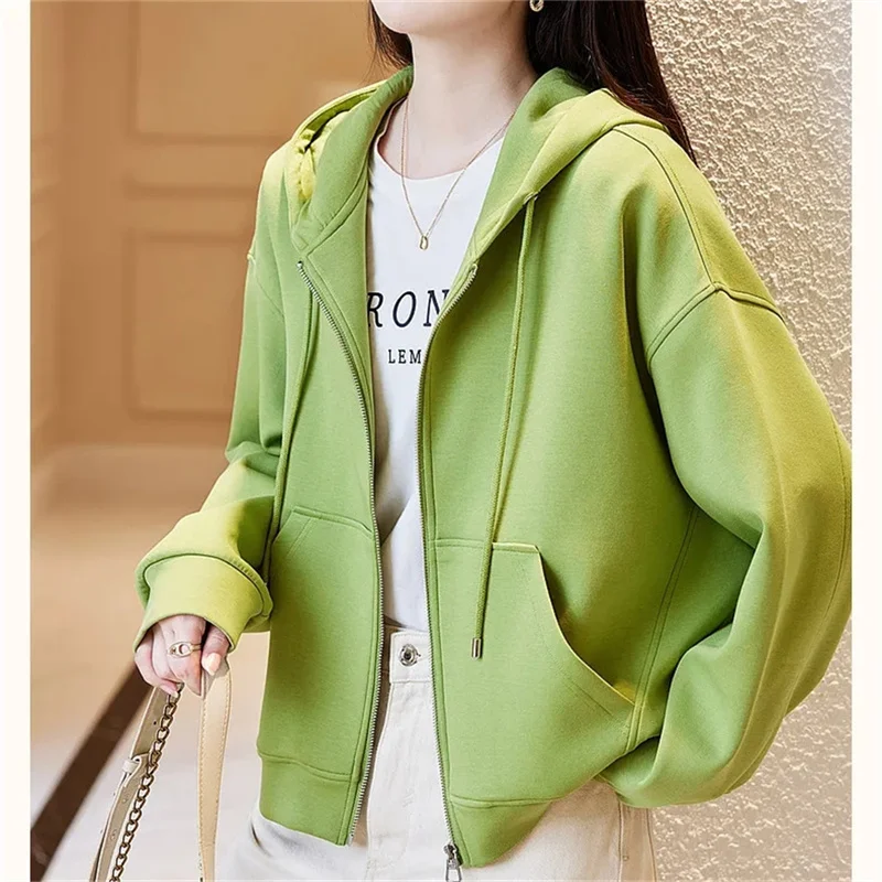 Green Hooded sweatershirt Jackets Women\'s zippered cardigan 2023 Spring and Autumn New Casual Sports Fashion Women Jacket Cotton