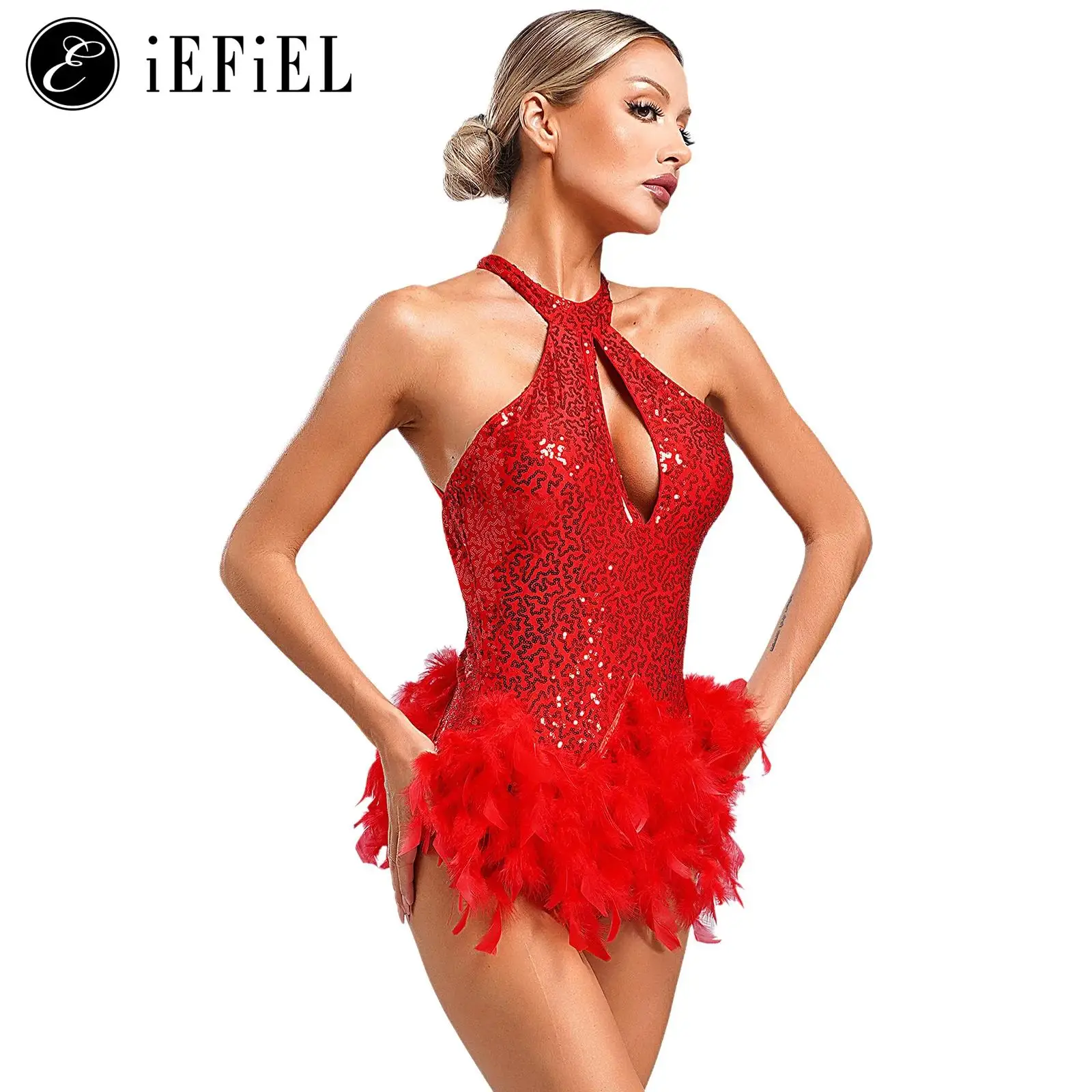 

Женский современный джазовый костюм с блестками для бальных танцев, костюм с лямкой на шее и вырезом спереди, балетный трико, юбки-пачки с перьями, клубное танцевальное платье