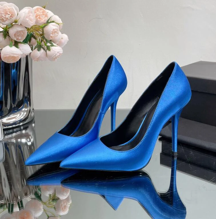 Real Silk Lady\'s High Heel Pumps Shoes Purple Blue Pointed Toe Slip on Simple Style Geunine Leather Dress Shoes Thin Heel Shoe