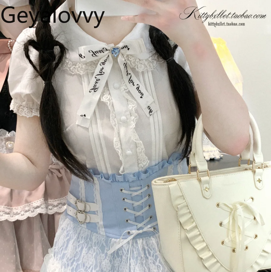 

Original Sweet Cute Girls Lace Short Sleeve Shirt Summer New Doll Collar Tops Single Breasted Solid Color Versatile Blouse