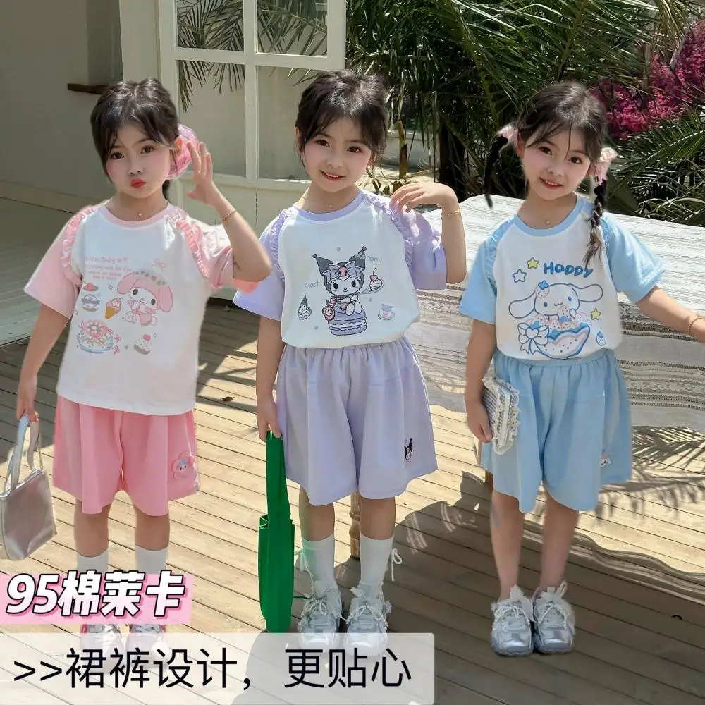 

Комплект шорт с короткими рукавами для девочек Sanrio Kuromi My Melody, летняя футболка с мультяшным принтом, юбка, брюки, топы Kawaii, спортивный костюм, От 3 до 10 лет