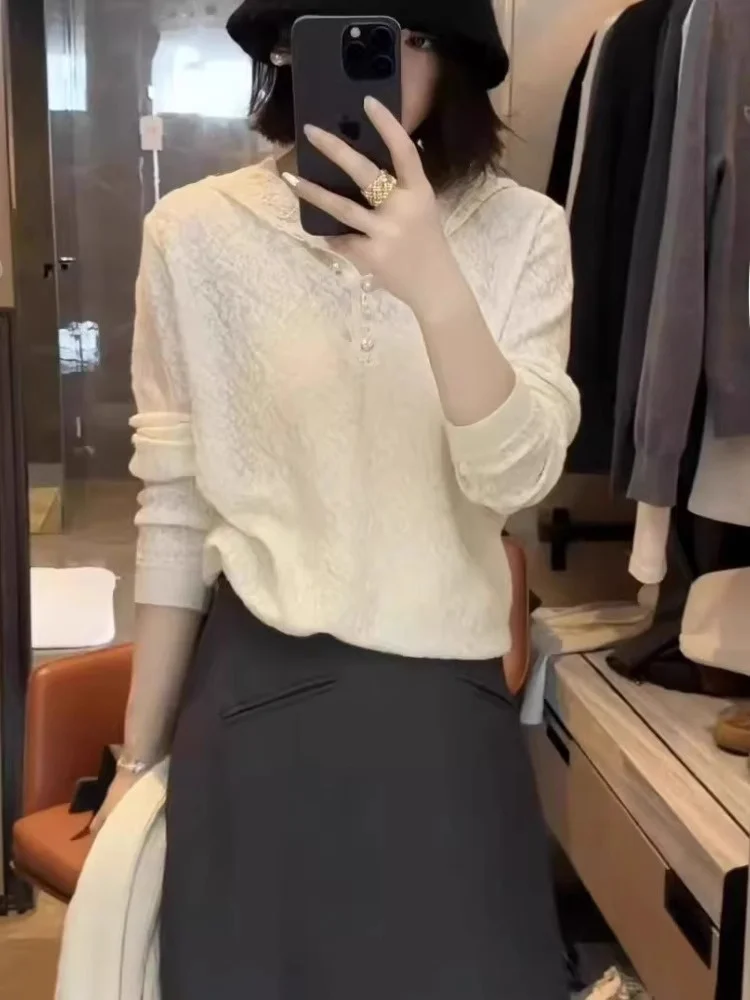 Suéter de malha com capuz de renda Faionable feminino outono inverno exclusivo Sle Personali Match All over Top versão coreana Slim...