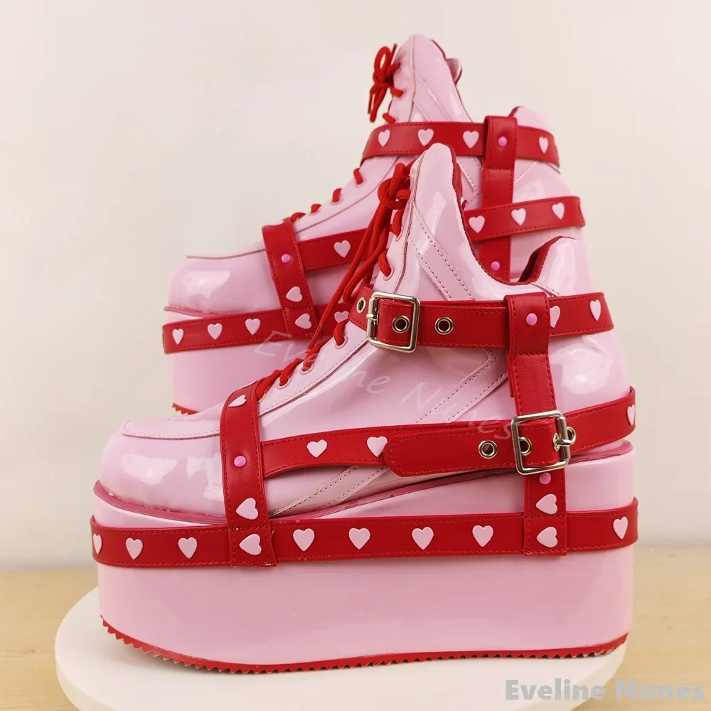 Red Heart Belt Buckle Cute Boots Women Round Toe Thick Sole Cross Tied Anti-slip Boots New Fashion Design Cool Girl Casual Boots