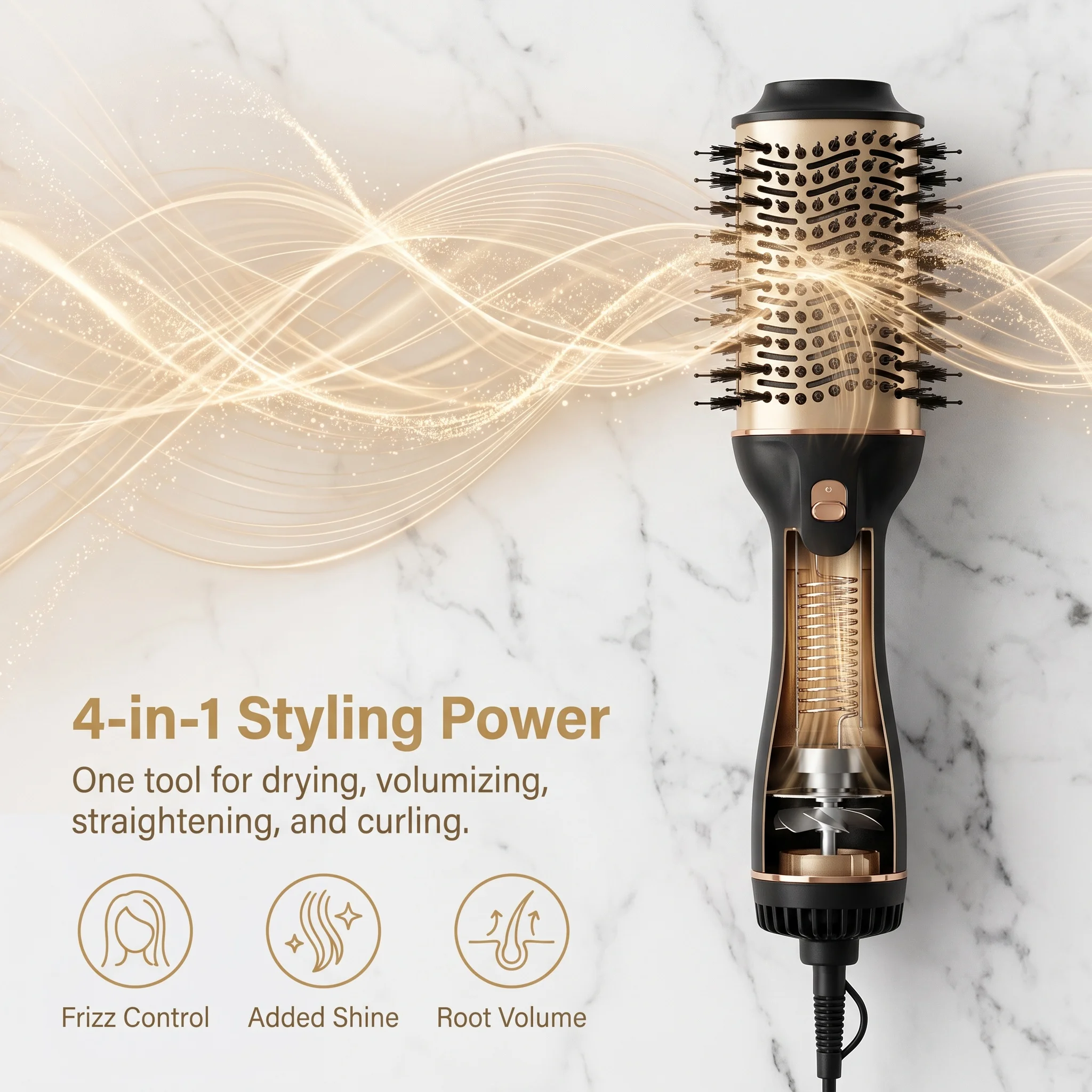 ヘアドライヤーとブラシが一体になった4-in-1ヘアスタイリングツール。マイナスイオン機能付きのブロー＆スタイリングブラシで、ふんわりとしたボリュームヘアを実現。