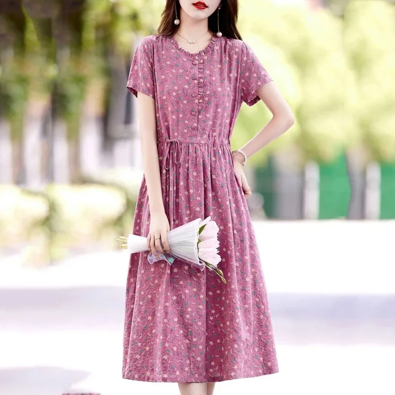 Womens V Neck Short Sleeve Drawstring Waist Tiny Floral Print Pocketed Cotton Midi Dress