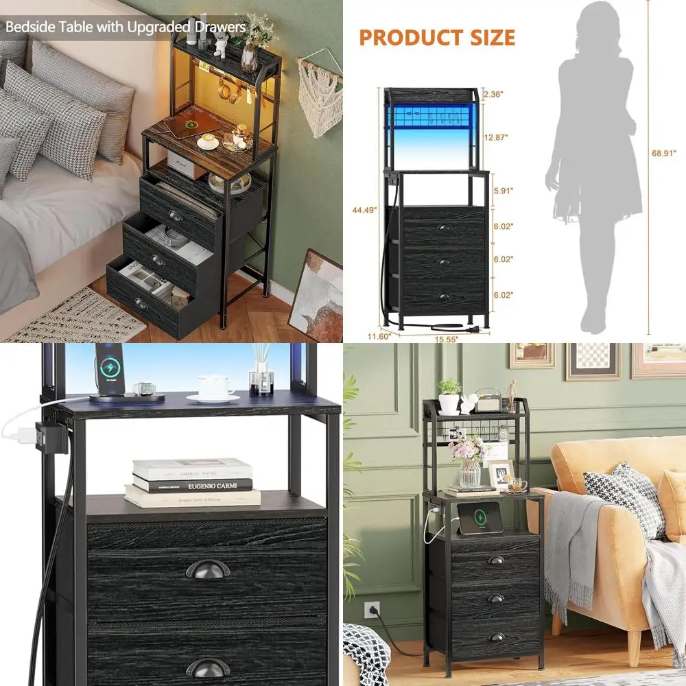 

3-Drawer Black Oak Nightstand with LED Lights, Charging Station, and Pegboard Storage for Bedroom