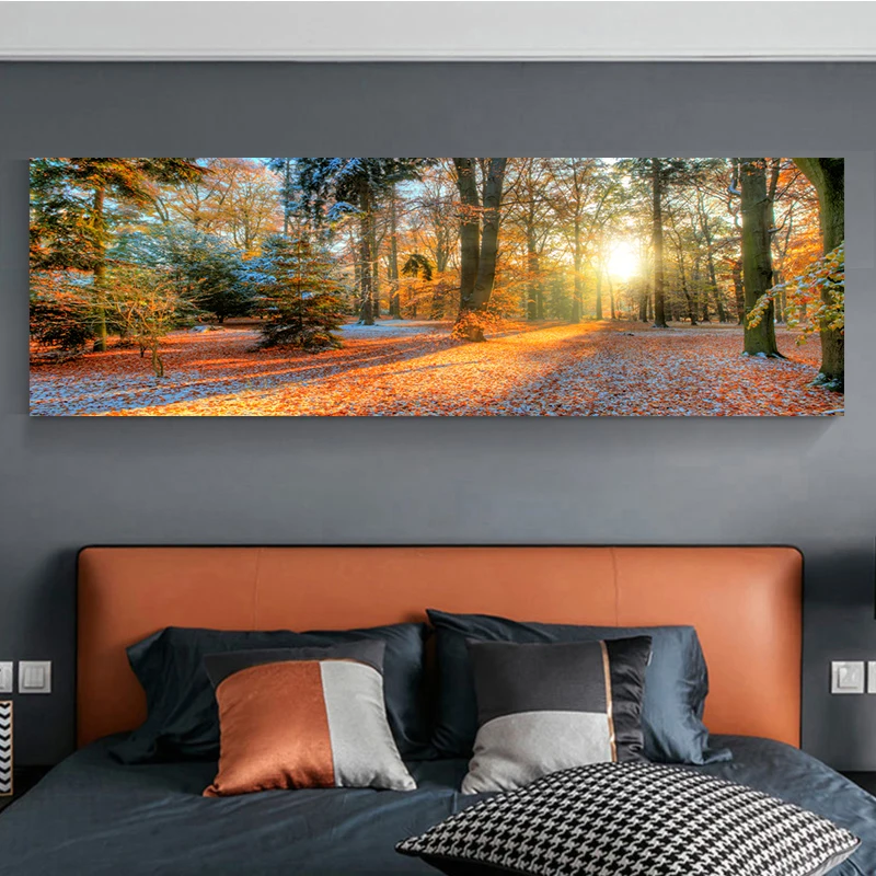 Autumn Forest Natural Landscape Canvas Painting Wall Art Yellow Sunrise Tree HD Pictures Posters for Bedroom Wall Decor Unframe