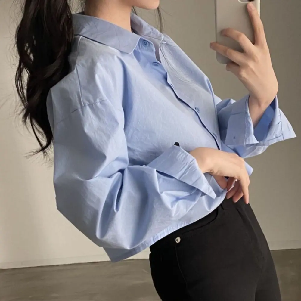 

Rear Slit Women Blouse Cute Daily Must Have Long-sleeved Plus Size Shirts Single-breasted Crop Top