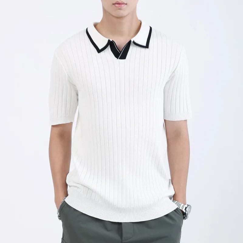 2025 الرجال الصيف موضة تنوعا الراقية قميص بولو الحرير الجليد عادية مخطط الخامس الرقبة الأعمال متماسكة قصيرة الأكمام تي شيرت #2