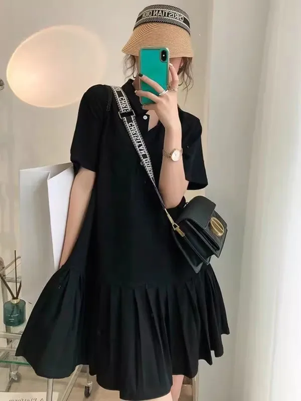 Jupe mi-longue ample à col Dr pour femmes, T-shirt ort Sve, grande taille, étudiante Faion, ligne a plissée coréenne, été