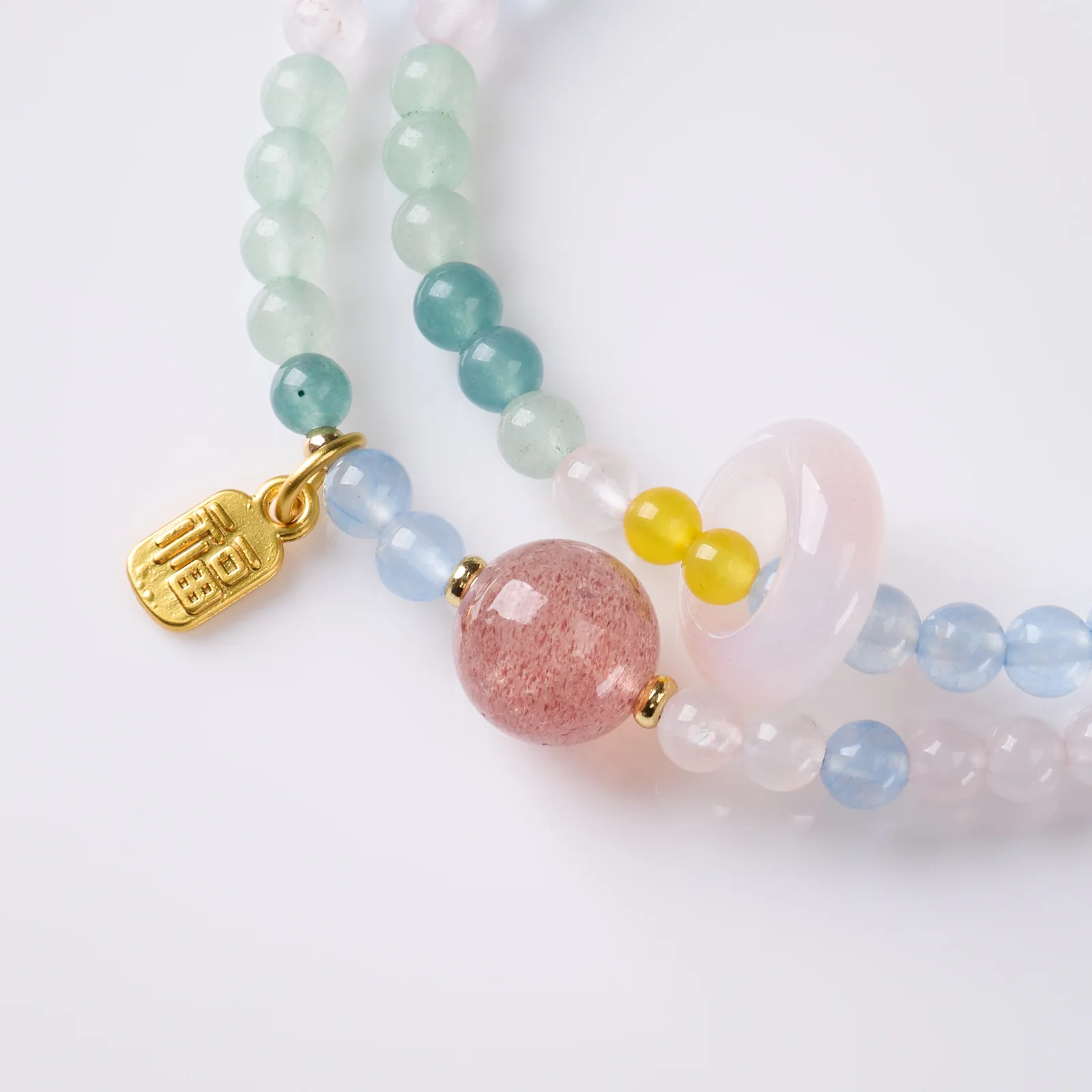 Double Layer Chinese Style Beaded Bracelet For Women Natural Rose Quartz Agate Strawberry Quartz Fu Charm 2026 Casual Daily Wear