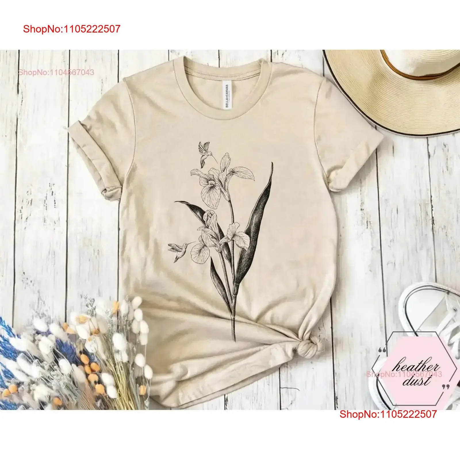 

Футболка «Колибри» с цветком ириса для ее любовника, милый полевой цветок, винтажная винтажная стираная футболка с рисунком слегка мягкая стильная