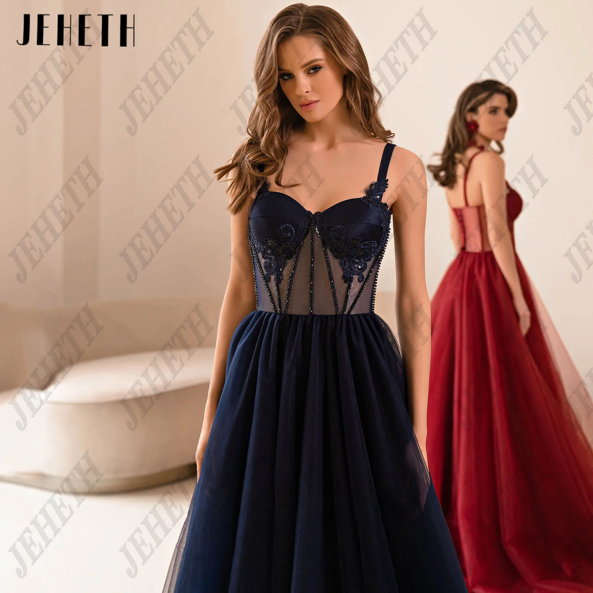 

JEHETH A-Line Tulle Long Prom Dresses Spaghetti Straps Apllique Formal Occasion Gowns for Women Elegant Evening Dress Customized