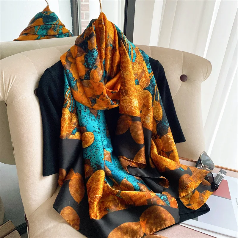 

New Brand Luxury Silk Long Scarf Women Summer Beach Shawls Floral Print Female Autumn Wraps Soft Bandana Foulard Scarves 2022