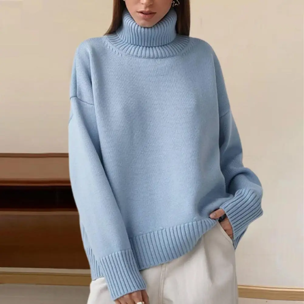 

Women Sweater Elegant High Collar Women's Sweater with Ribbed Trim Loose Fit Pullover Top in Solid Color Mid-length for Stylish