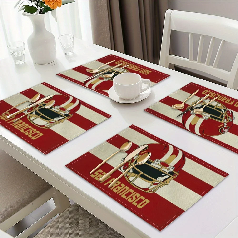 4 قطع من مفارش سان فرانسيسكو 49ers - تصميم مخطط لفريق NFL مع أواني ذهبية وتناول الطعام ومشجعي كرة القدم وديكور الحفلات