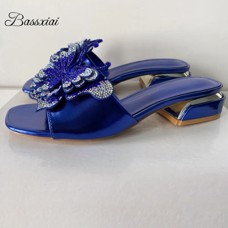 

Crystal Diamond Butterfly-Flower Summer Mules Blue Color Concise Style Open Toe Slim Women Slippers