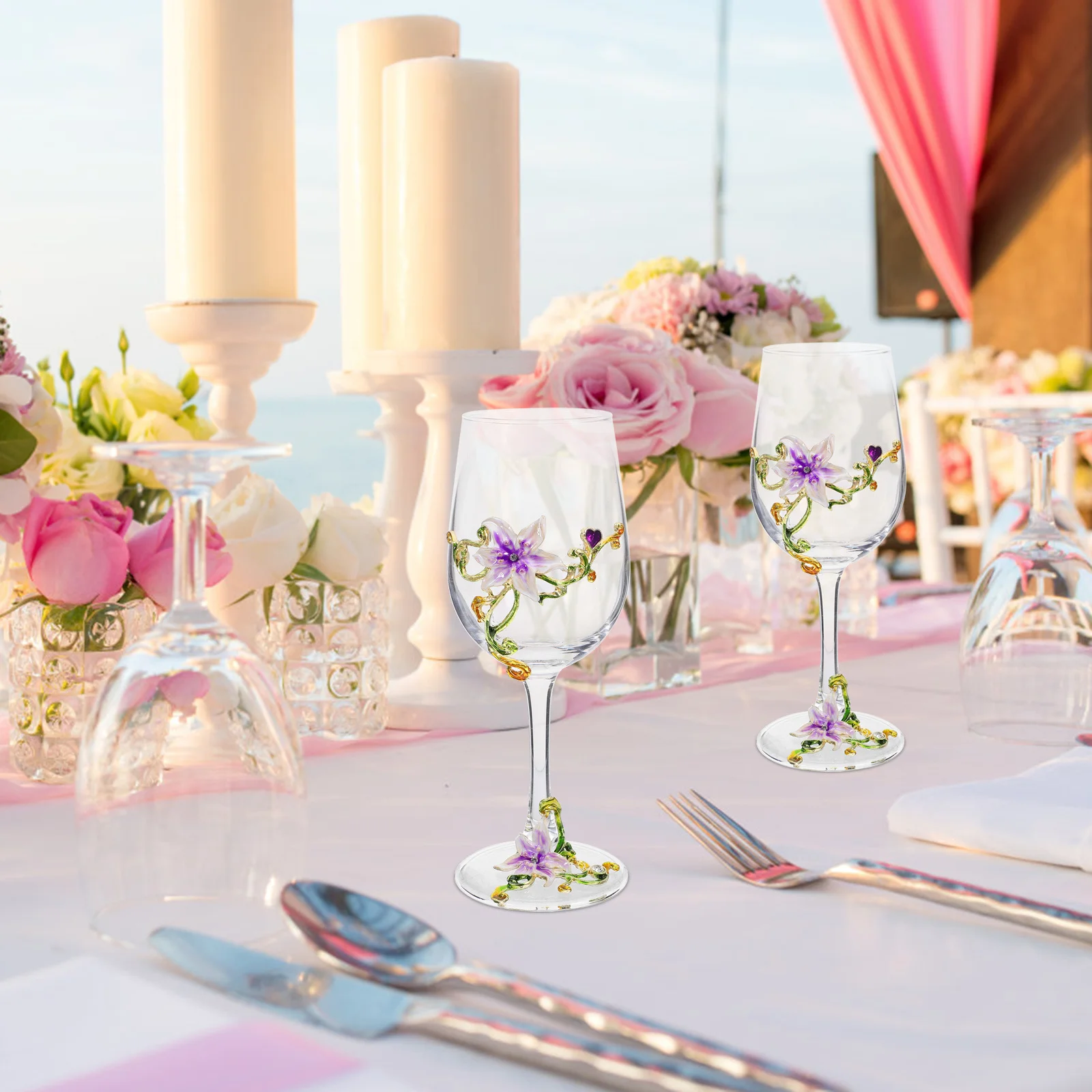 

2Pcs Enamel Flower Goblet Hand Painted Wine Glass Safe Reliable Glass Material for Wedding Birthday Christmas Gifts