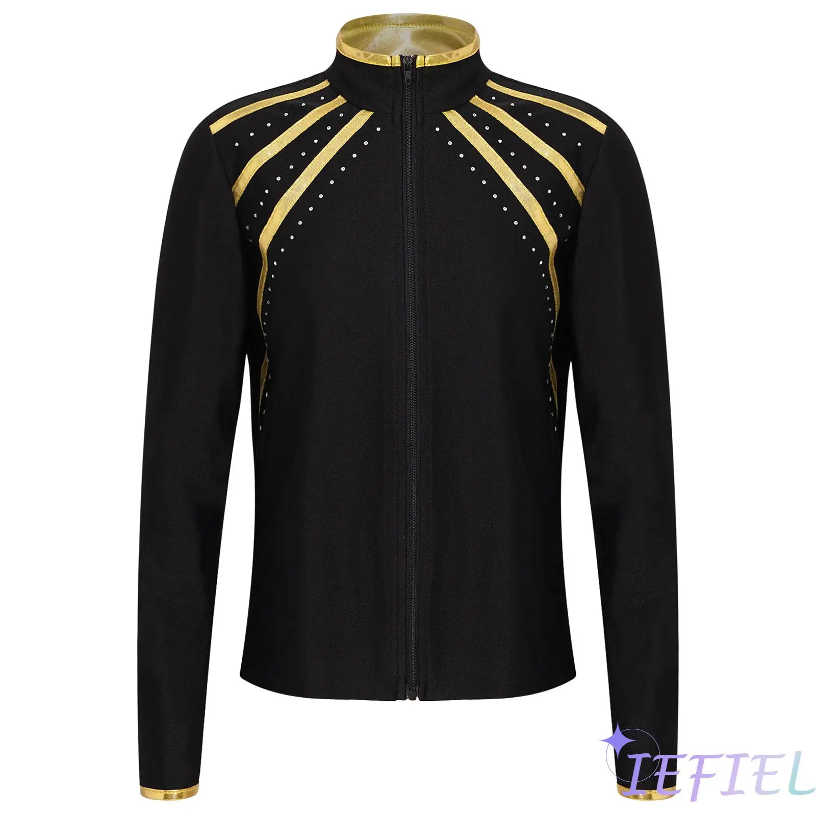 

Kids Girls Figure Skating Gymnastics Workout Costume Shiny Metallic Striped Jacket Stand Collar Long Sleeve Zipper Sweatshirt