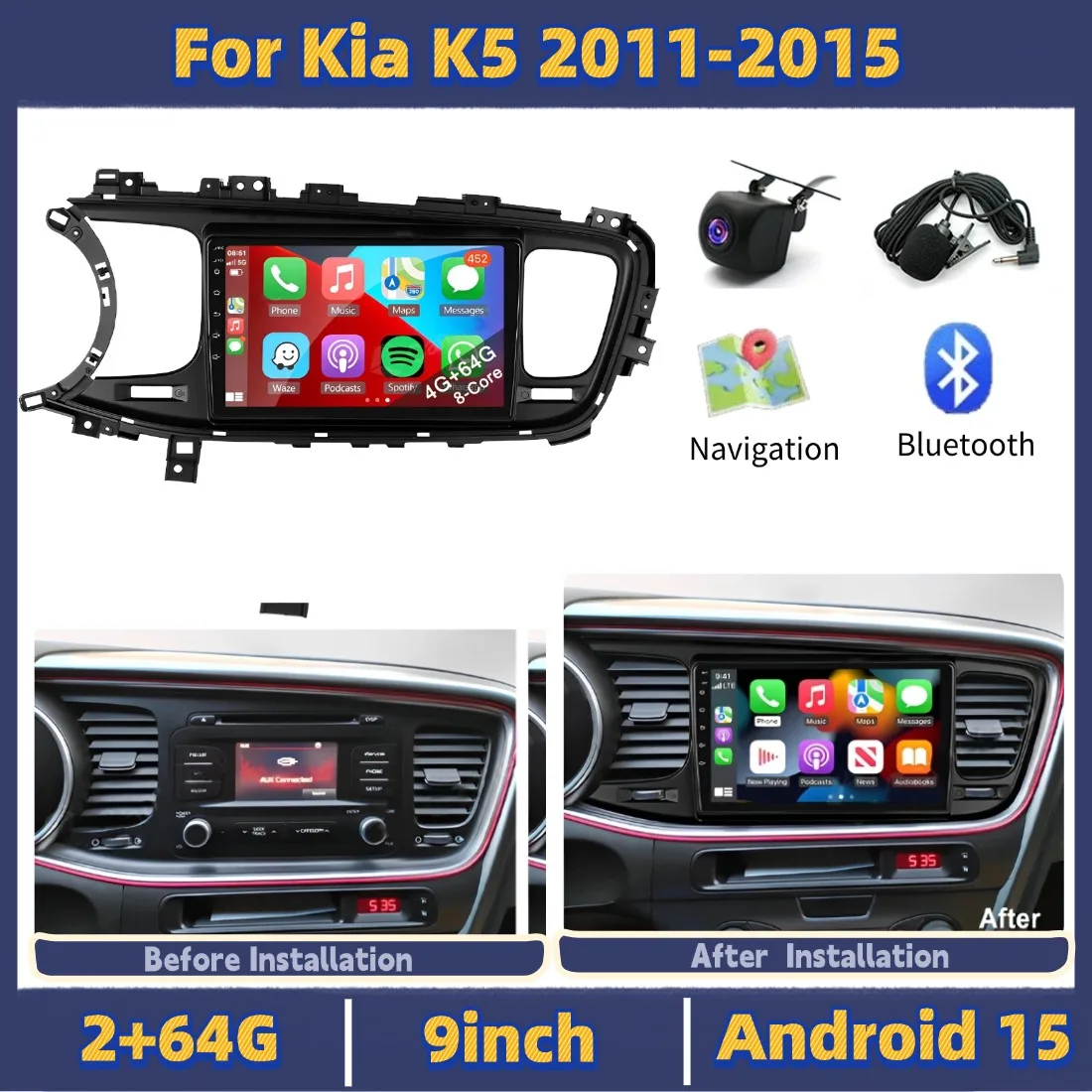 

Автомагнитола для Kia K5 2011-2015, 9-дюймовая, Android 15, GPS-навигация, головное устройство с Carplay и Android Auto, 2+64 ГБ, запчасти для GPS-навигации