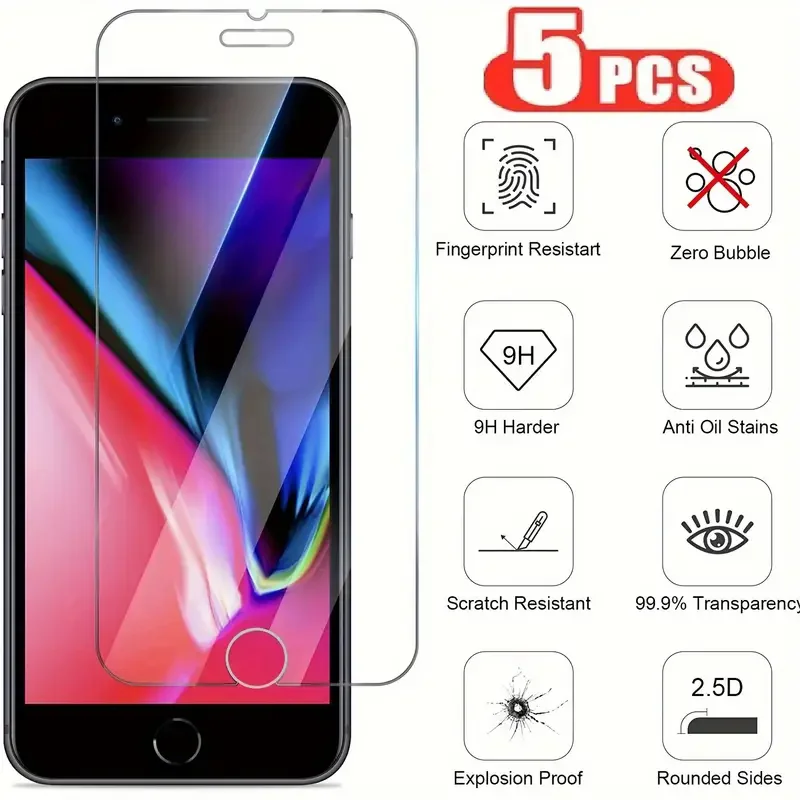 5Pcs Premium Tempered Glass For iPhone 7 8 6 6s Plus Screen Protector For SE 2020 2022