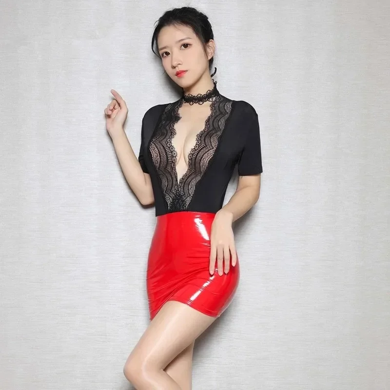 섹시한 레이스 패치 워크 가짜 가죽 에로 클럽 미니 드레스 여성 Wetlook 뜨거운 라텍스 Catsuit Clubwear PVC 란제리 드레스 의상
