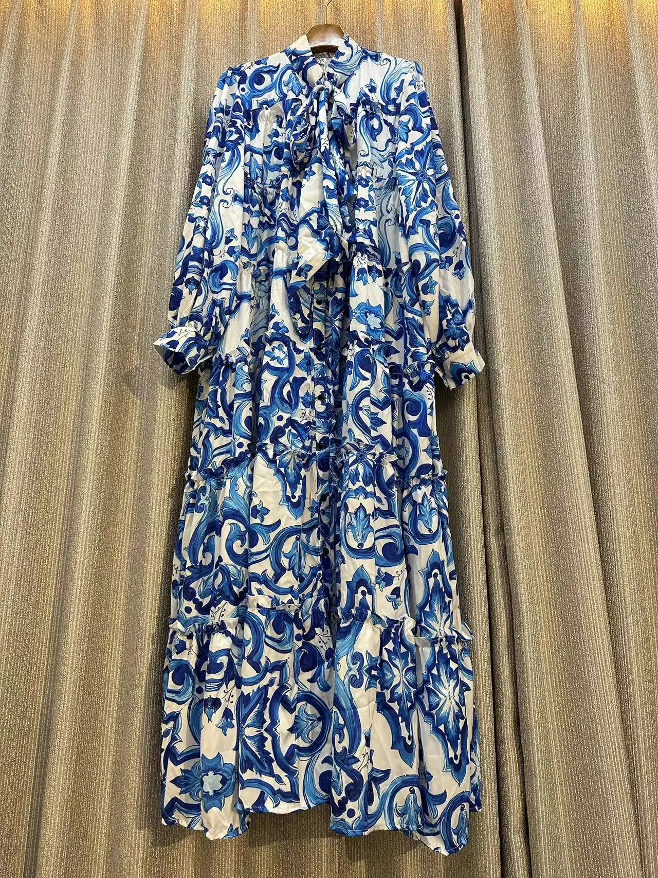 

New 2026 Spring Summer Luxury Purple Print Dress For Women Bow Neck Lantern Sleeve Ruffles Loose Elegant Party Big Swing Robe