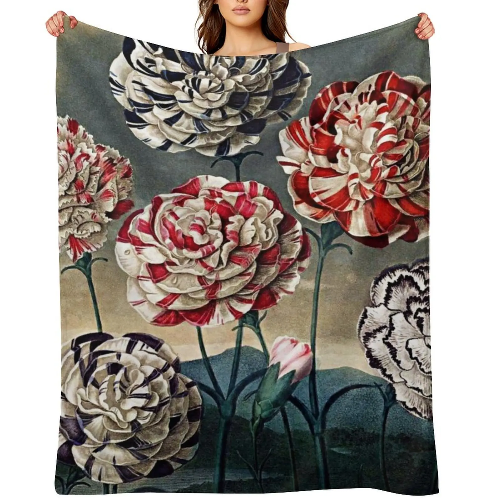 

Botanical Art Temple Of Flora Carnations Throw Blanket Plush Flannels Soft Plaid sofa bed Blankets