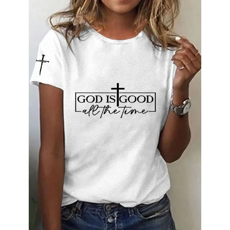 ilstile Women's Faith God is Good Letter Print T-Shirts Summer Short Sleeve Casual Tops Tees Black White Blue T Shirt NEW