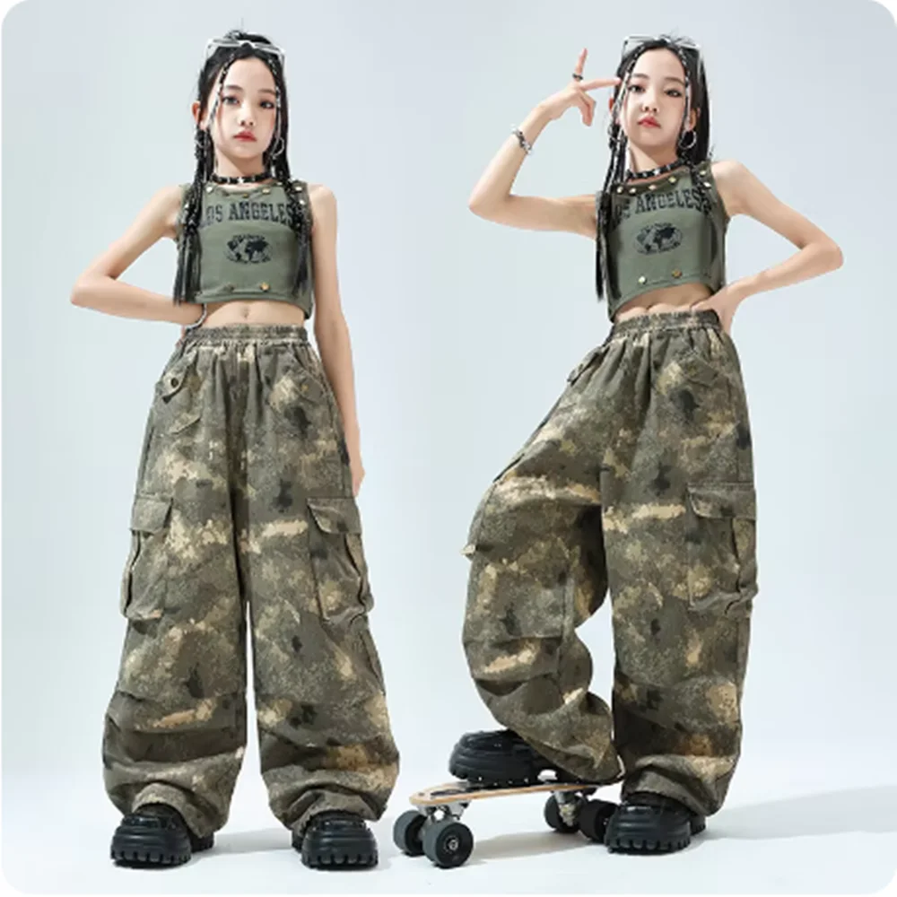 그린 재즈 댄스복 소녀 케이팝 힙합 댄스복, 어린이 스트리트 댄스 공연 코스튬, 어린이 조끼, 위장 바지