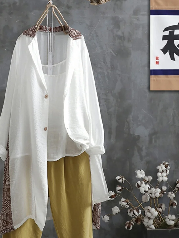 레트로 린넨 여성용 루즈핏 가벼운 롱 코트 중간 길이 자외선 차단 단색 출퇴근용 단추 디테일