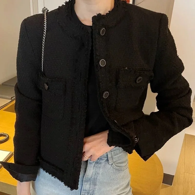 Korean Casual Tweed Woolen Jacket Double Pocket O-Neck Cropped Coat French Style Jackets Elegant Office Ladies Outerwear